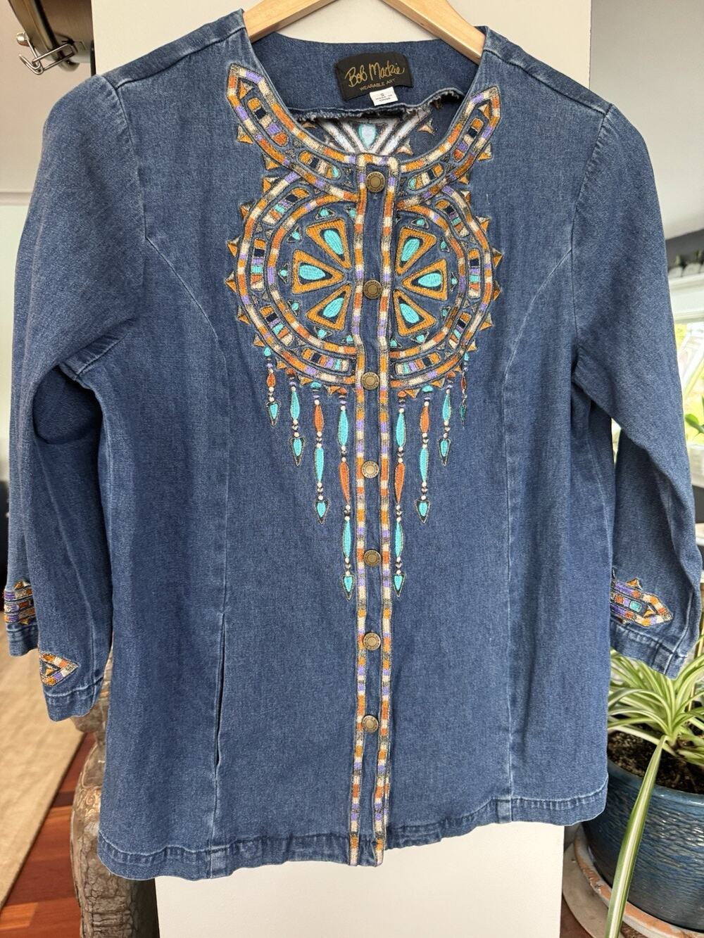 Bob Mackie Wearable Art Embroidered Small Denim Shirt Western Designer Southwest